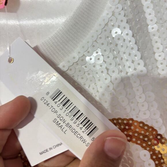 Simply Southern Preppy Sequins BRIDE Top Tshirt Small Oversized Crop America NWT - Picture 6 of 9